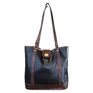 Brahmin Tuscan Collection Black Brown Croc Embossed Vintage Leather Tote